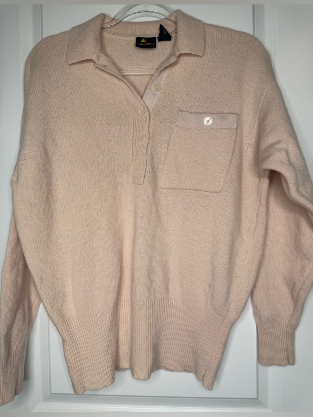 Liz sport pastel pink Blush V-Neck Collared Sweater Pocket lambs wool blend prep